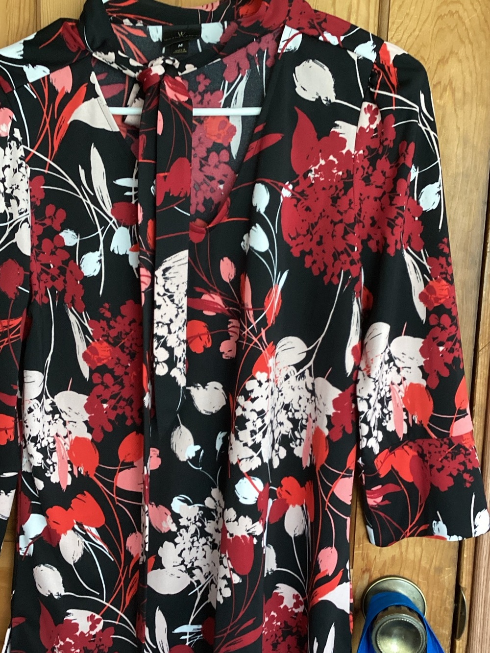 Worthington Black Blouse with Red and White Floral Tie-Neck